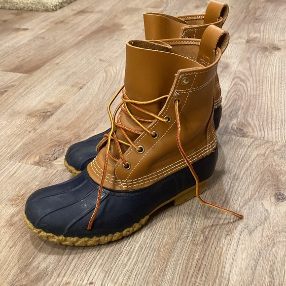LL Bean Boots Tan Leather Navy Rubber Duck Boot Outdoors Size 7 Great Condition - Picture 5 of 8